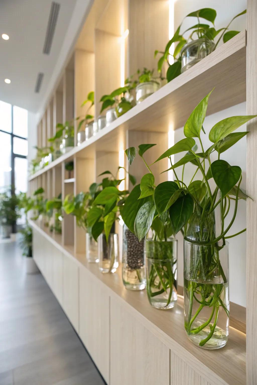 Achieve modern elegance with a uniform display of pothos on your office shelf. 🌿📚 #OfficeInspiration #MinimalistDesign