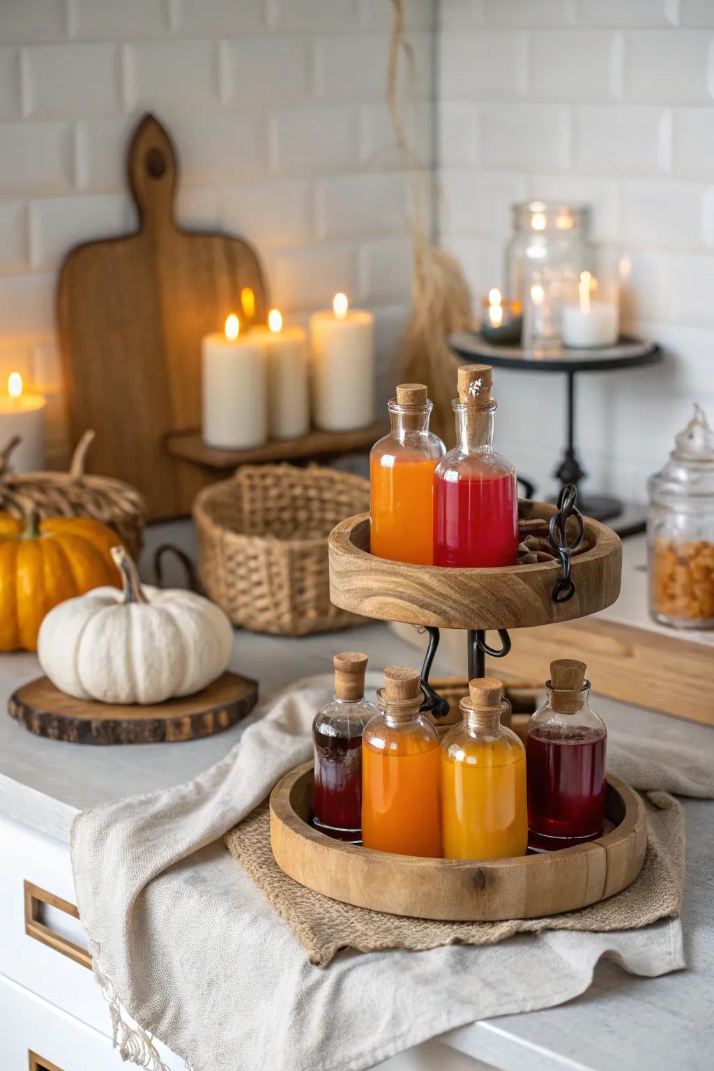 Create a witch's potion corner with vintage bottles for a touch of Halloween magic.