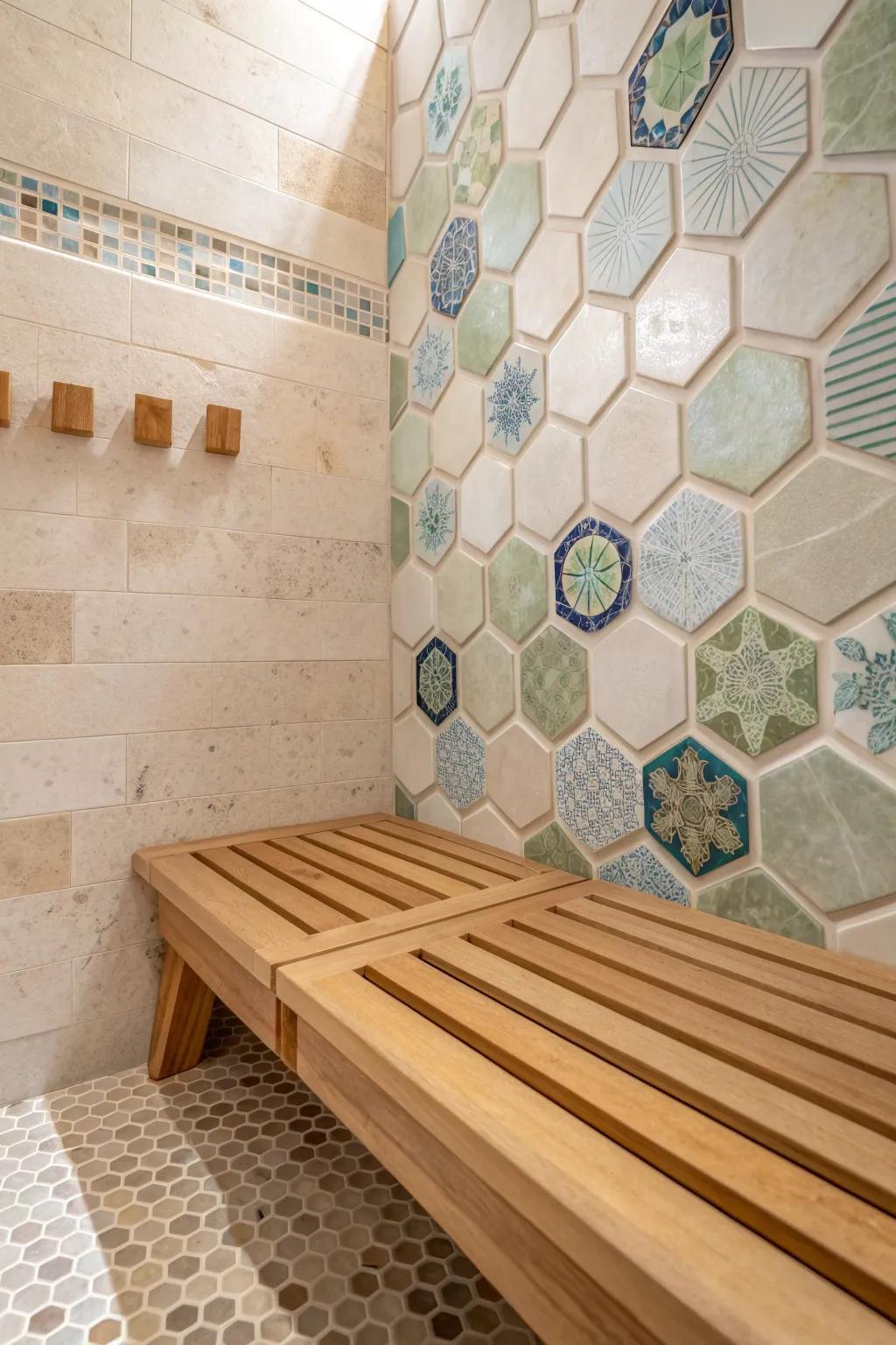 Express your creativity with a stunning mosaic of hexagon tiles that turns your shower into a masterpiece.