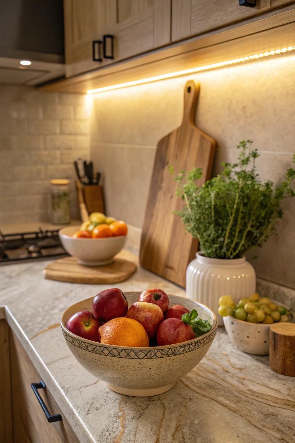 A bowl of fresh fruit adds color and vibrancy to your kitchen.