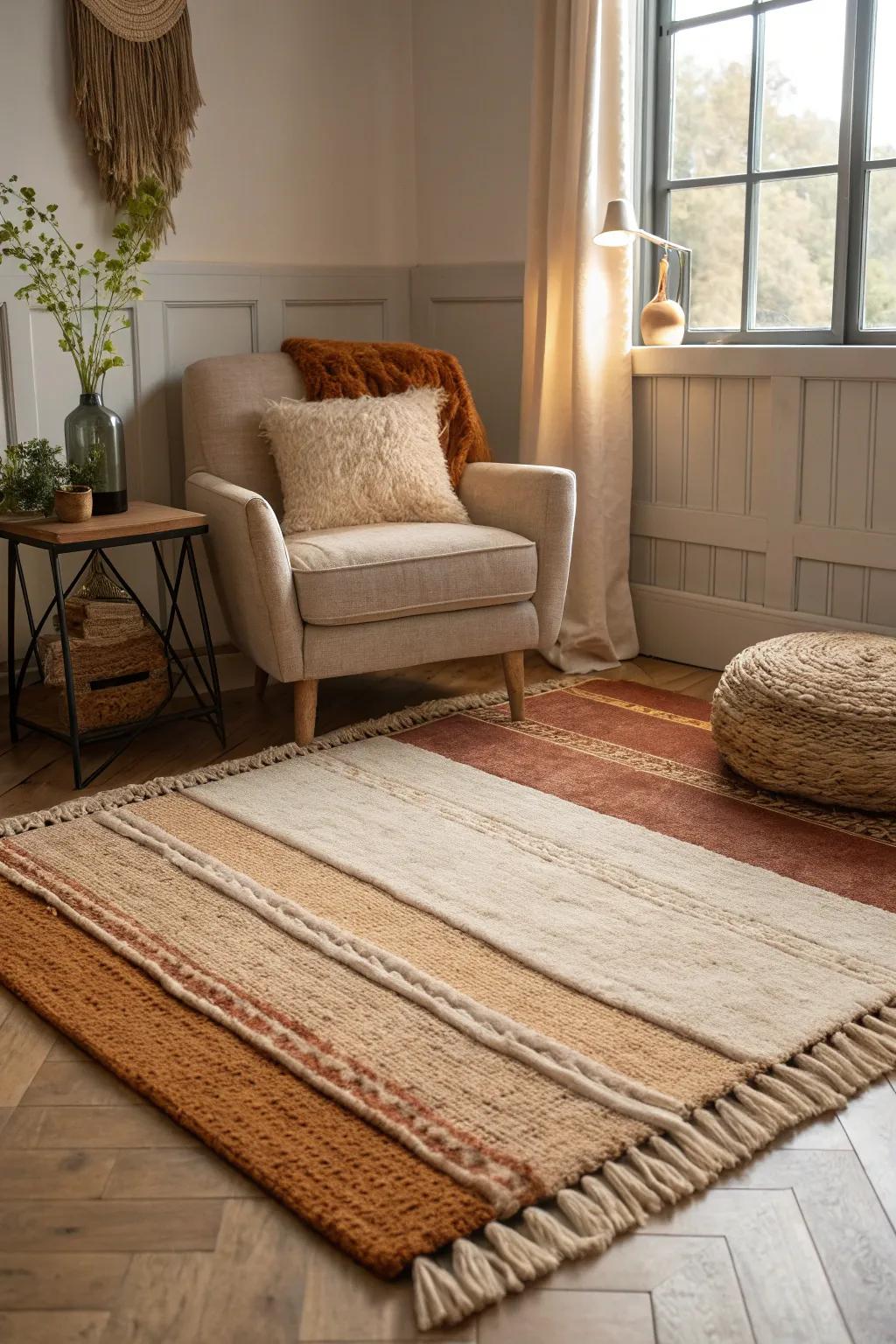 Create your own cozy corner with layered rugs, perfect for unwinding with a good book and a cup of tea.