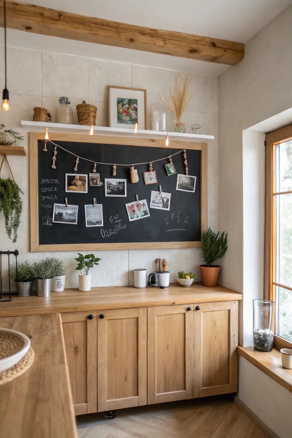 Add a personal touch to your kitchen with a chalkboard photo gallery that celebrates cherished memories.