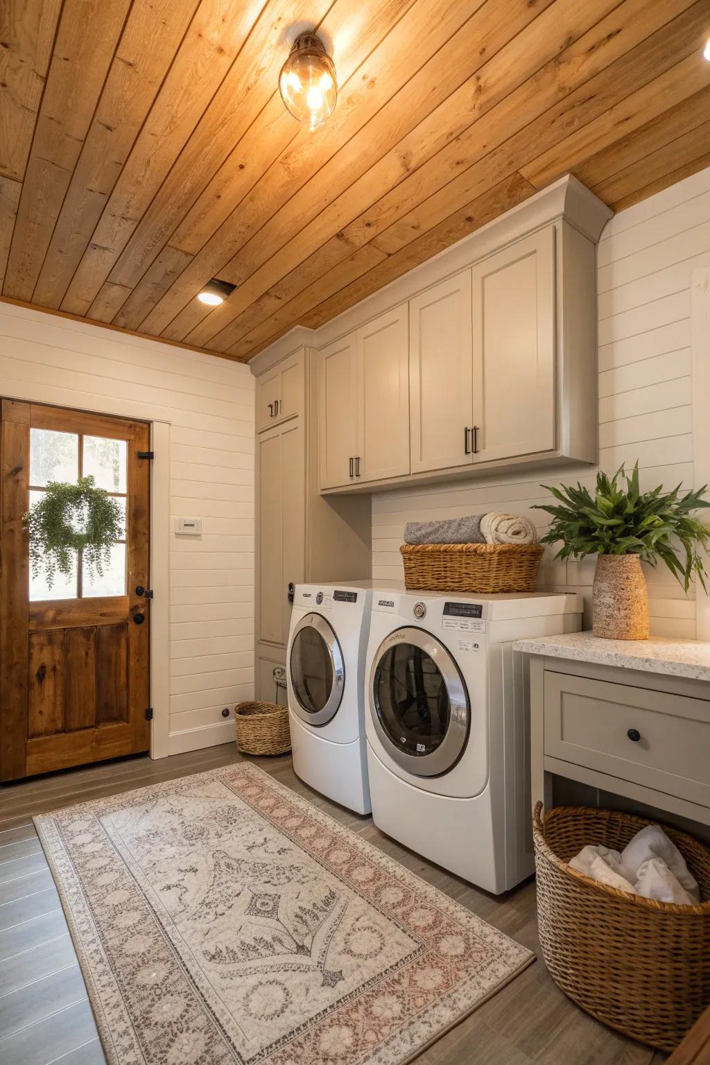 Introduce warmth to your laundry room with a natural wood ceiling for a cozy touch.