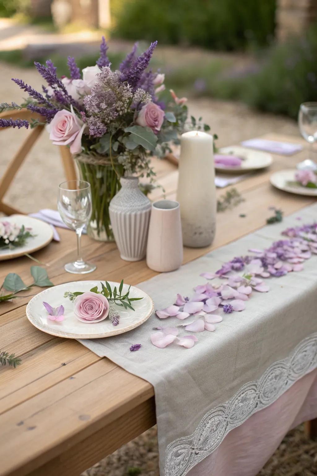 Lavender and rose petals create a romantic, floral tapestry for your wedding tables. 🌸💜 #WeddingFlowers #RomanticDecor