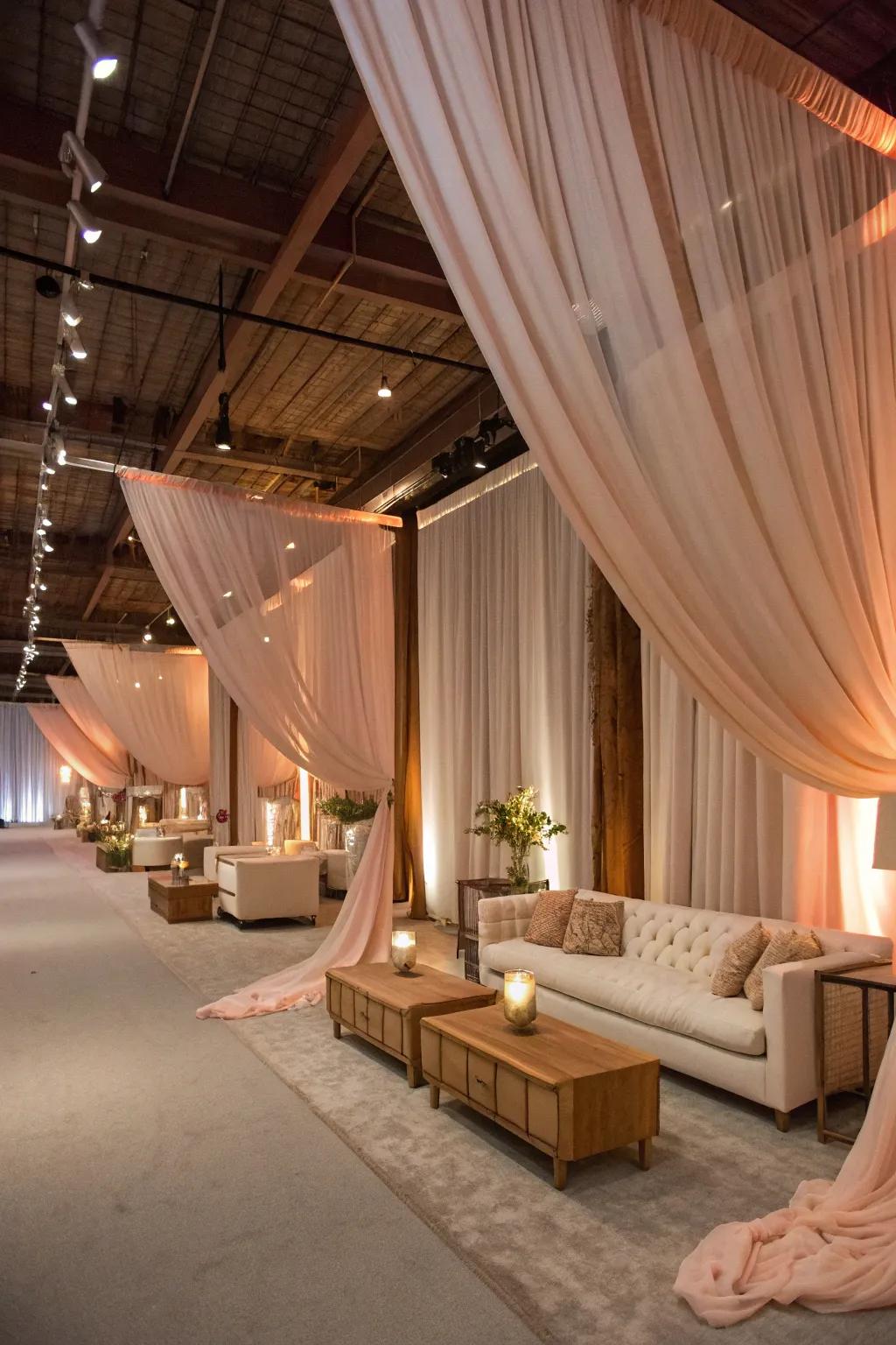 Fabric drapery transforms spaces with elegance and style. 🏠 #ElegantDecor #PartyInStyle