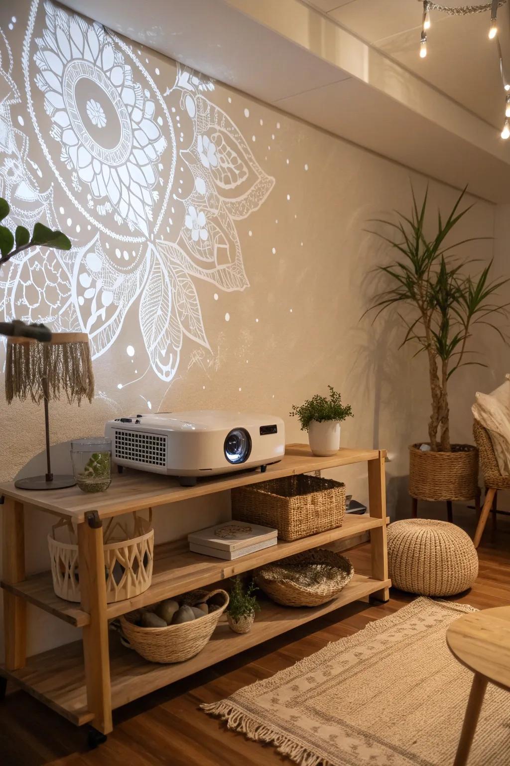 Projection lighting adds an artistic touch that enhances the visual appeal of your media room. 🎥 #ProjectionLighting #InteriorDesign