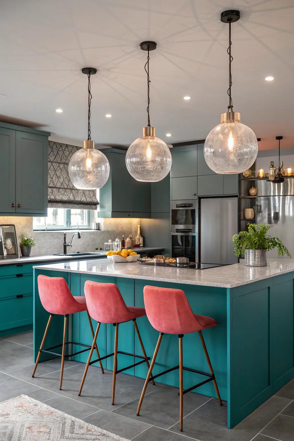 Create a cozy atmosphere with frosted glass pendants that diffuse light beautifully. #FrostedGlass #CozyKitchen