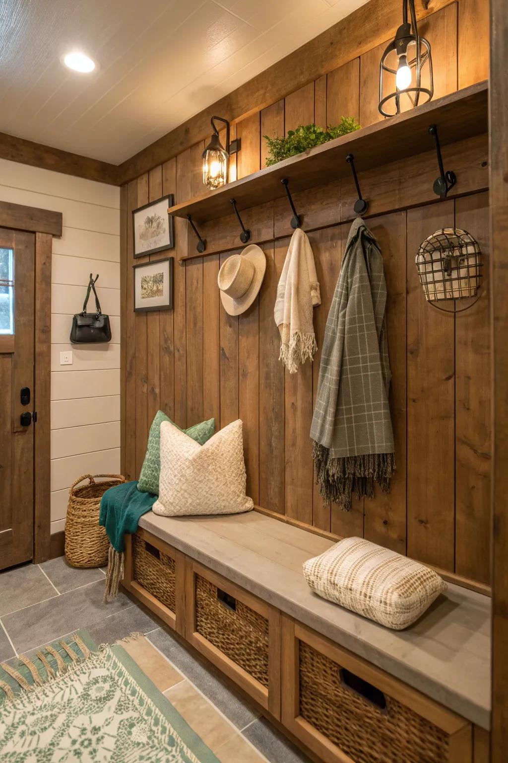Add rustic charm to your mudroom with wood panel wallpaper that evokes warmth. 🌲 #RusticCharm #HomeStyle