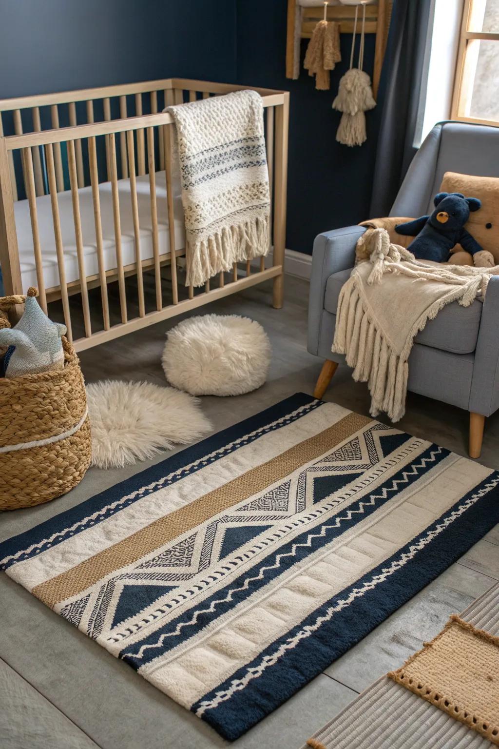 Layered rugs offer a warm and textured foundation in the navy nursery.