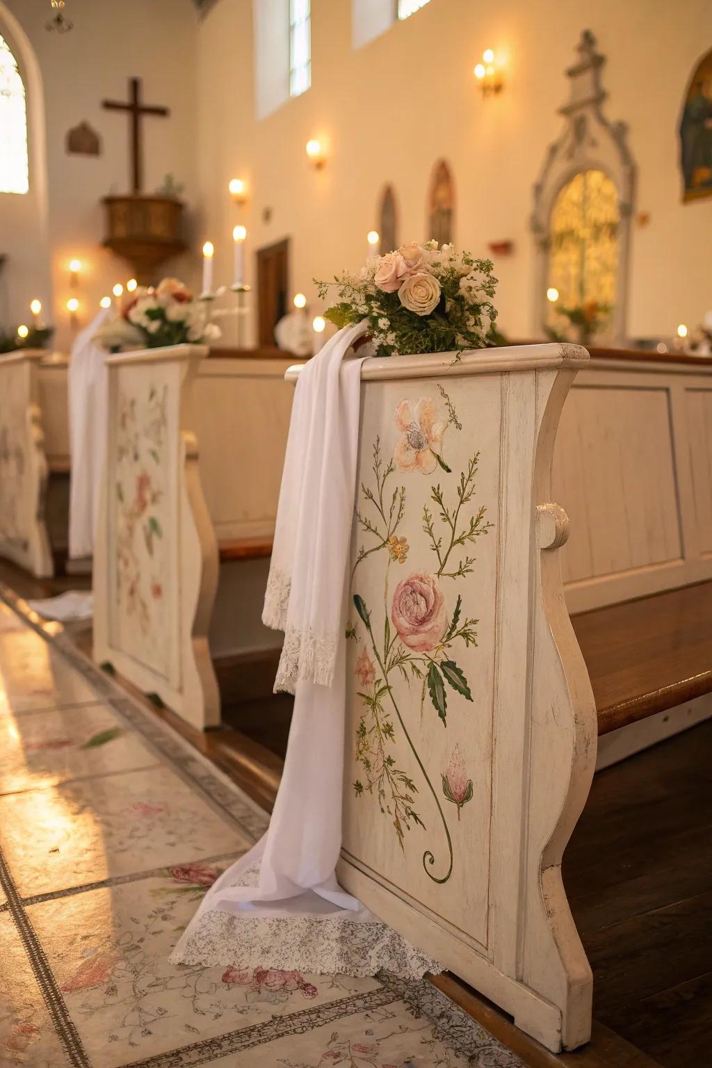 Bring romance and nostalgia with floral-painted pews.