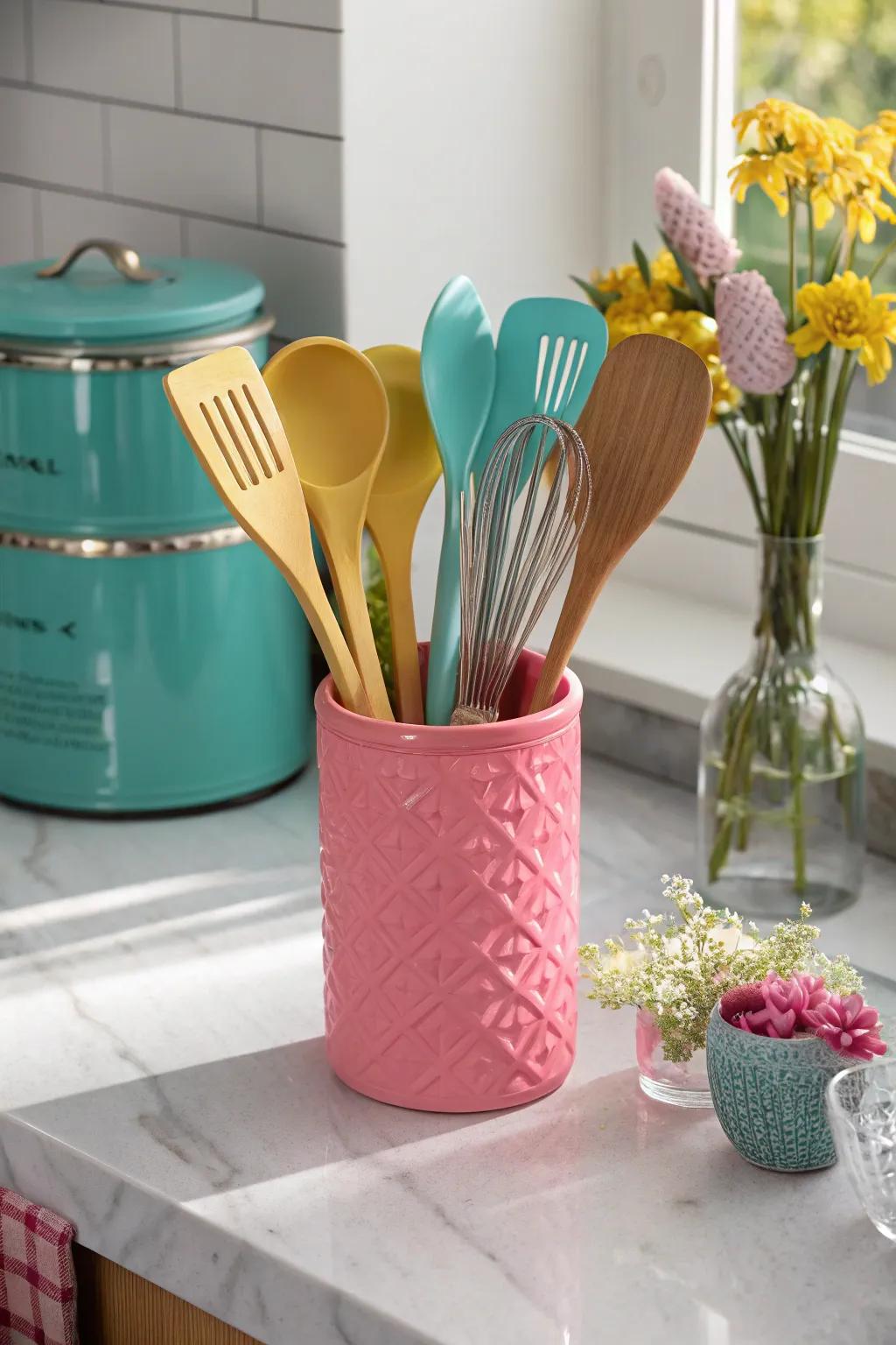 Add a cheerful touch to your kitchen with subtle pink accents. 🍴 #KitchenInspiration #HomeDetails