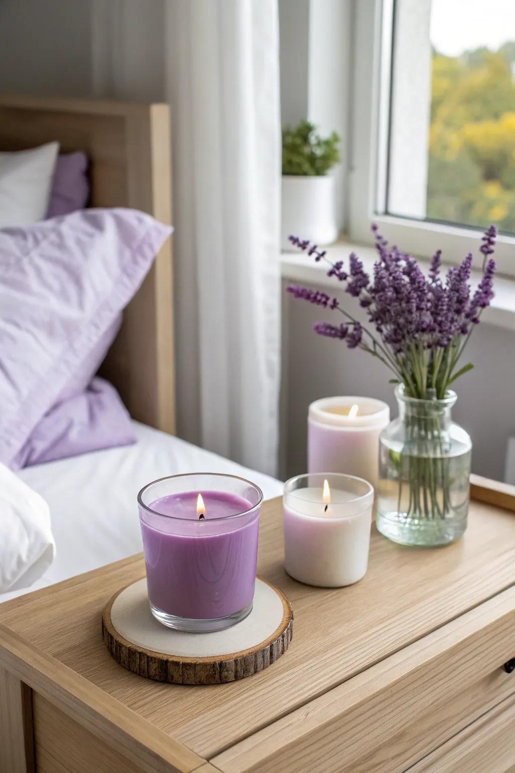 Lavender scented candles complement the color scheme and offer a calming aroma for a serene atmosphere.