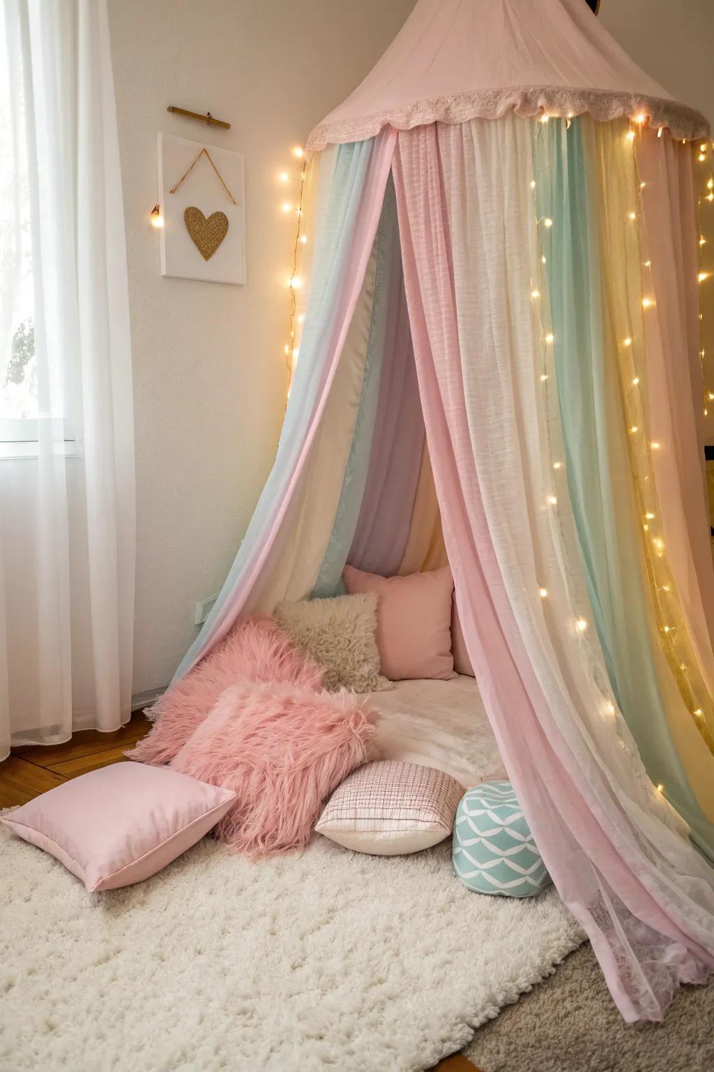 A rainbow canopy transforms a simple corner into a magical retreat, perfect for daydreams and bedtime stories.