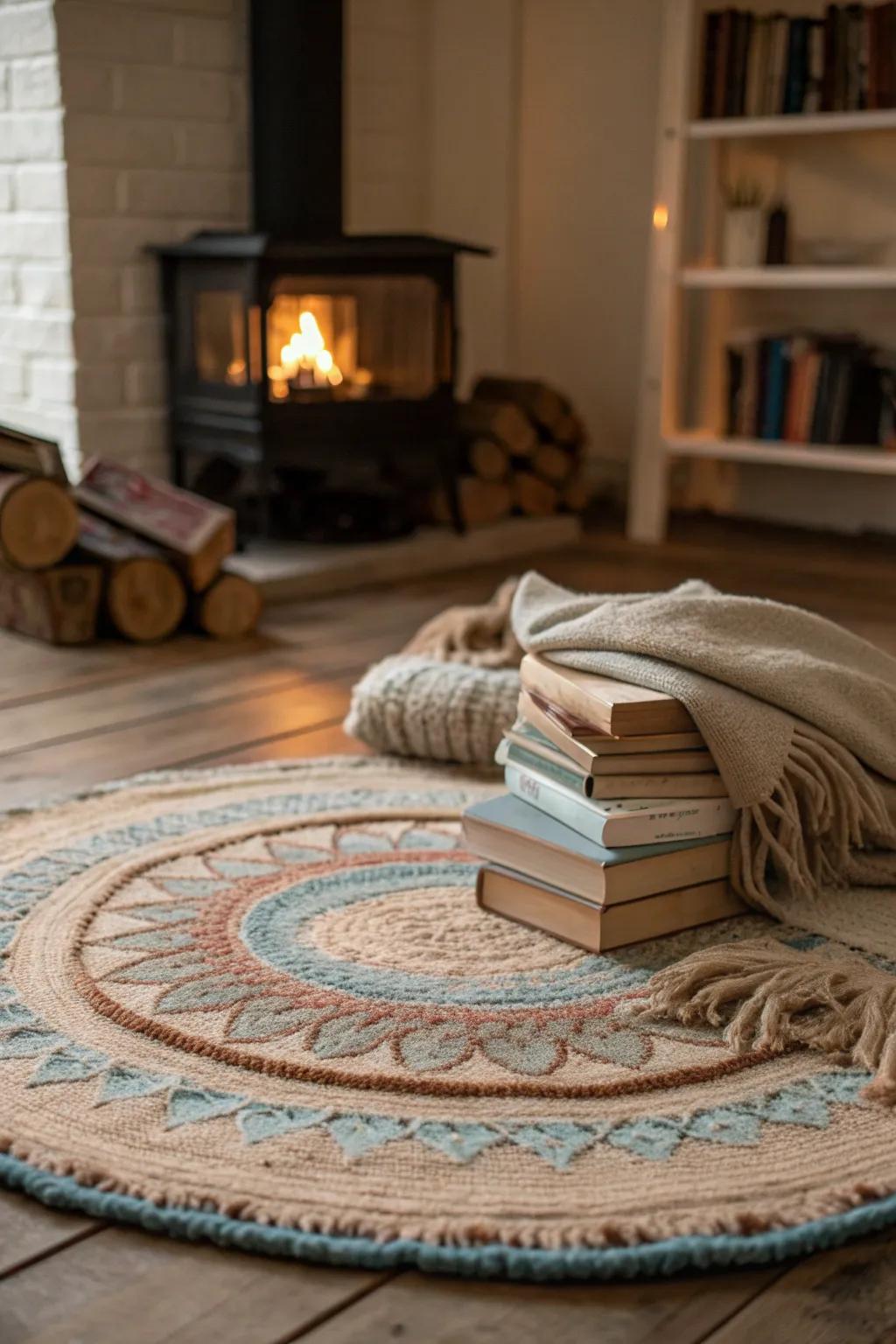 Discover the charm of circular serenity with a round rug by the fireplace. 🔵 #RoundRug #CozyNooks