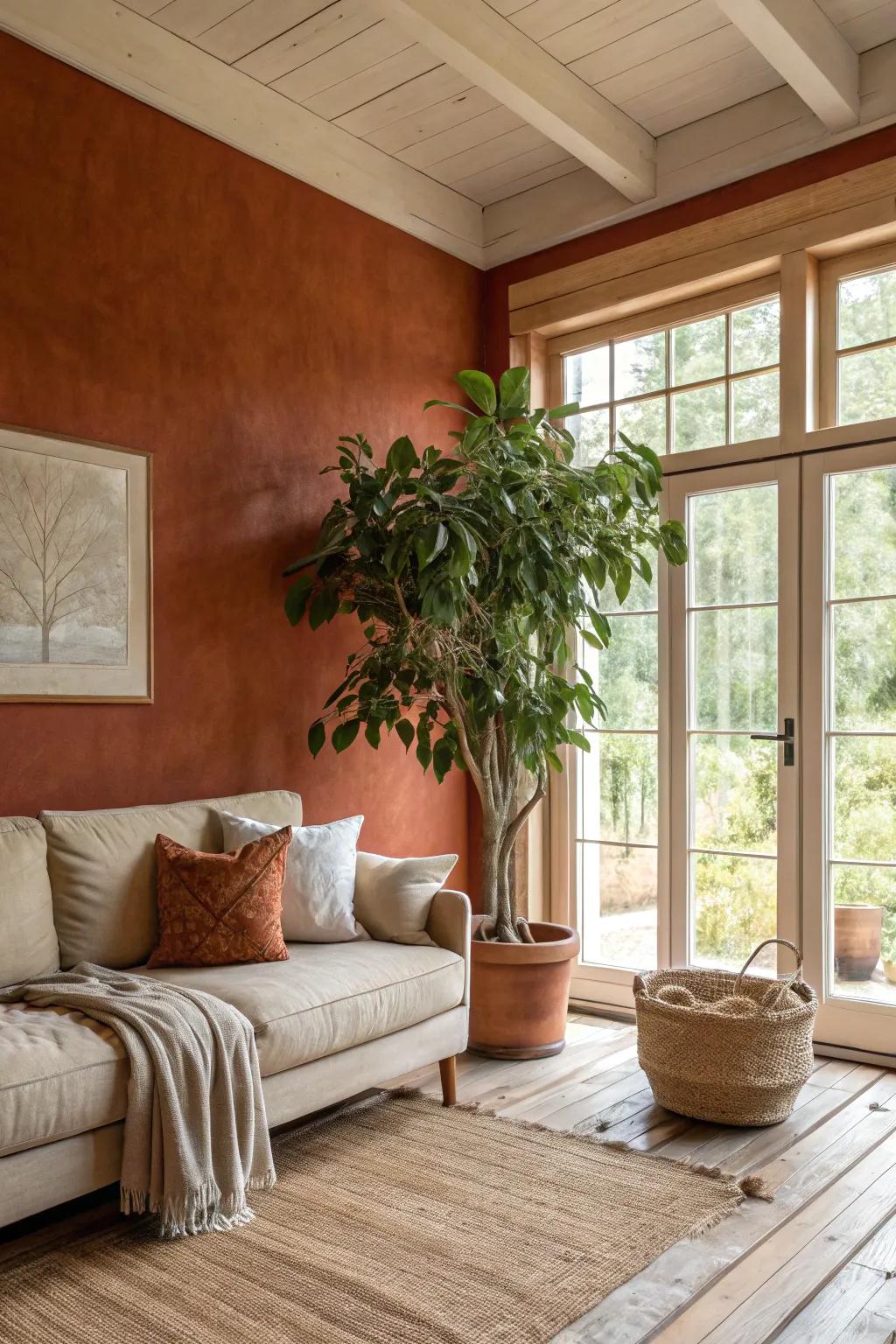 Natural elements like plants breathe life into rust-themed decor. 🌿 #NaturalDecor #GreenLiving #RustHues