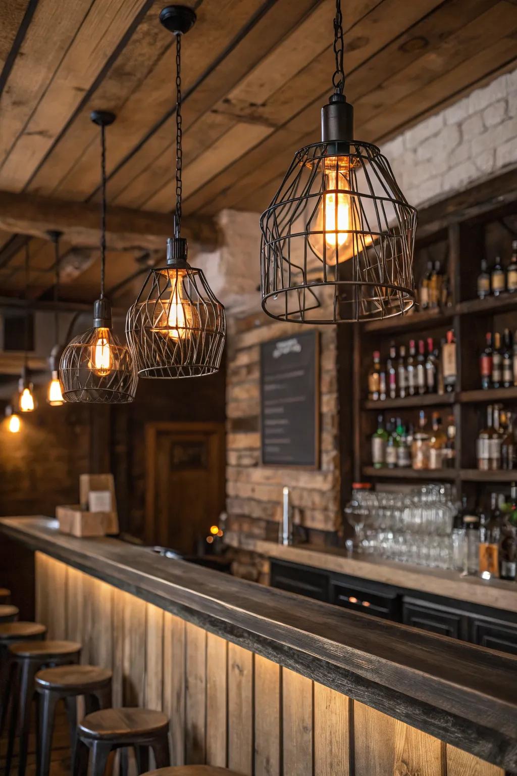 Industrial cage lights add a touch of edge to rustic bar decor.