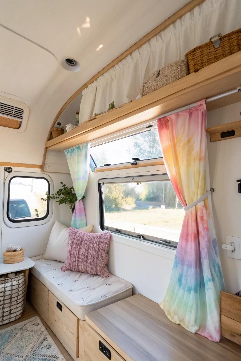 Express your creativity with playful tie-dye valances in your RV. #TieDyeFun #CreativeSpaces 🎨