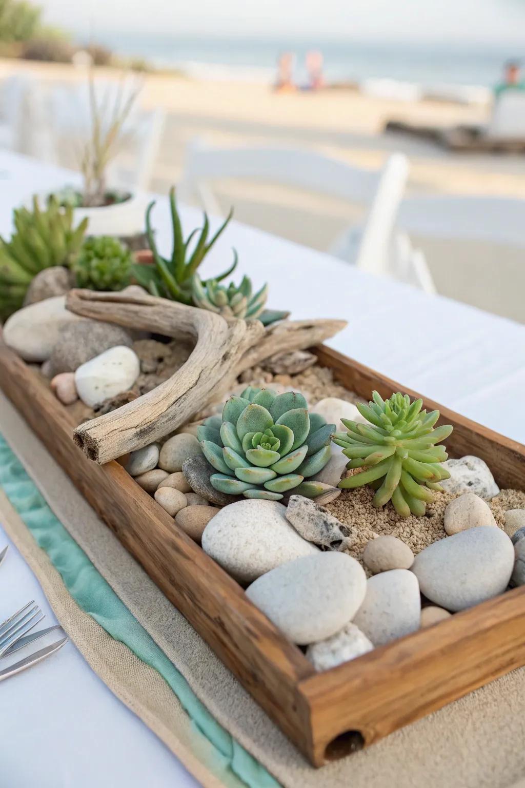Bring the outdoors in with a pebble and driftwood composition, a natural touch for your decor. 🌿 #NaturalDecor #BeachInspired