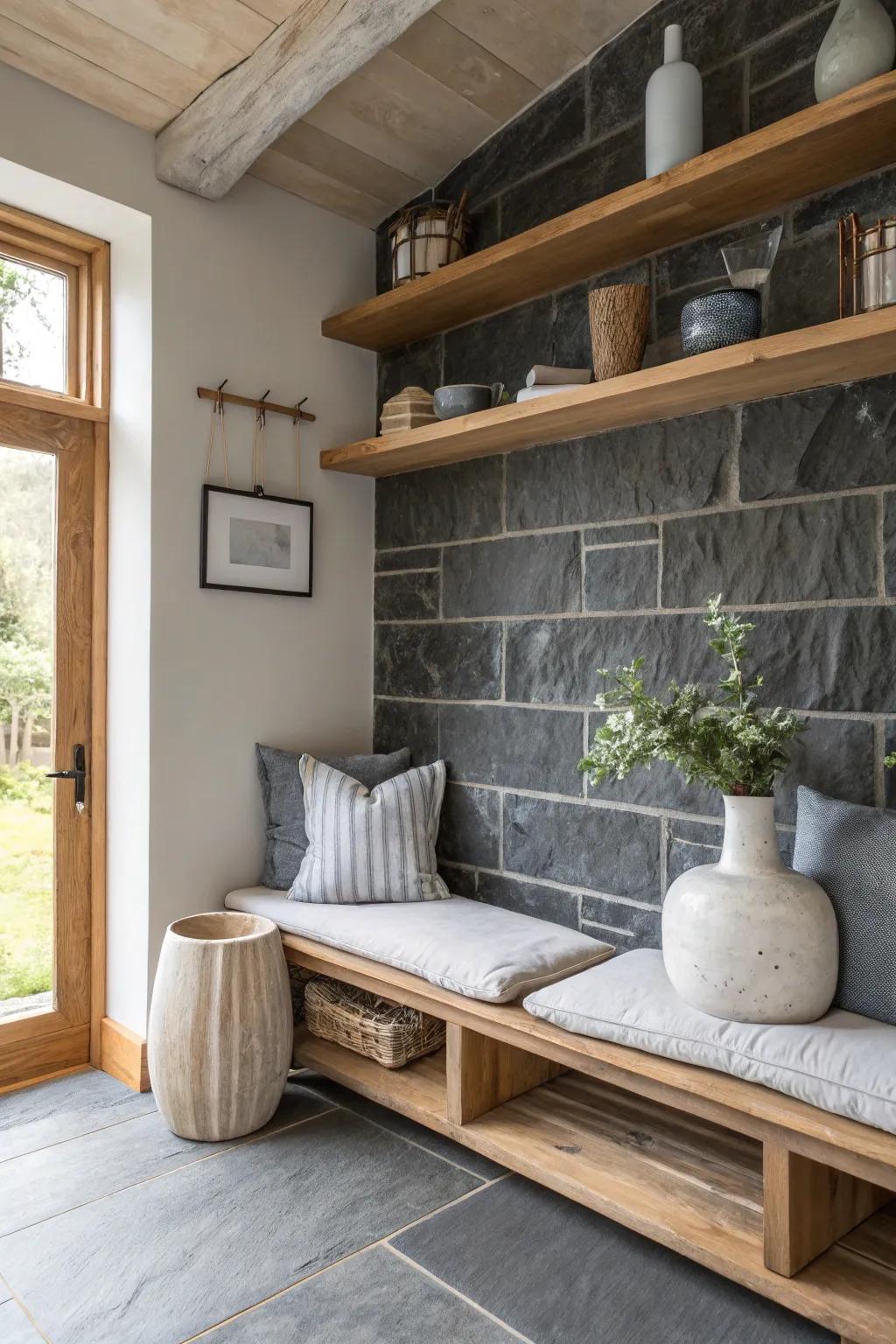 Embrace rustic charm with a slate accent wall that adds a touch of countryside allure. 🌿 #RusticDecor #CozyLiving