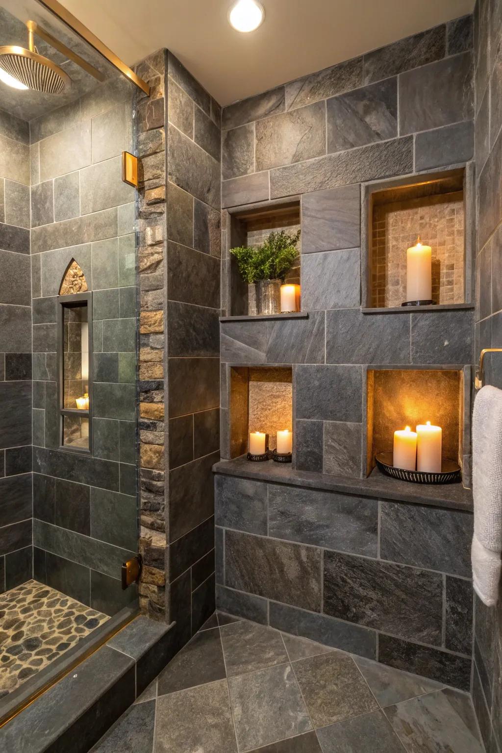 Add functionality and style with custom slate niches that elevate your bathroom design. 🔨🛁 #CustomDesign #SlateNiches #BathroomStyle