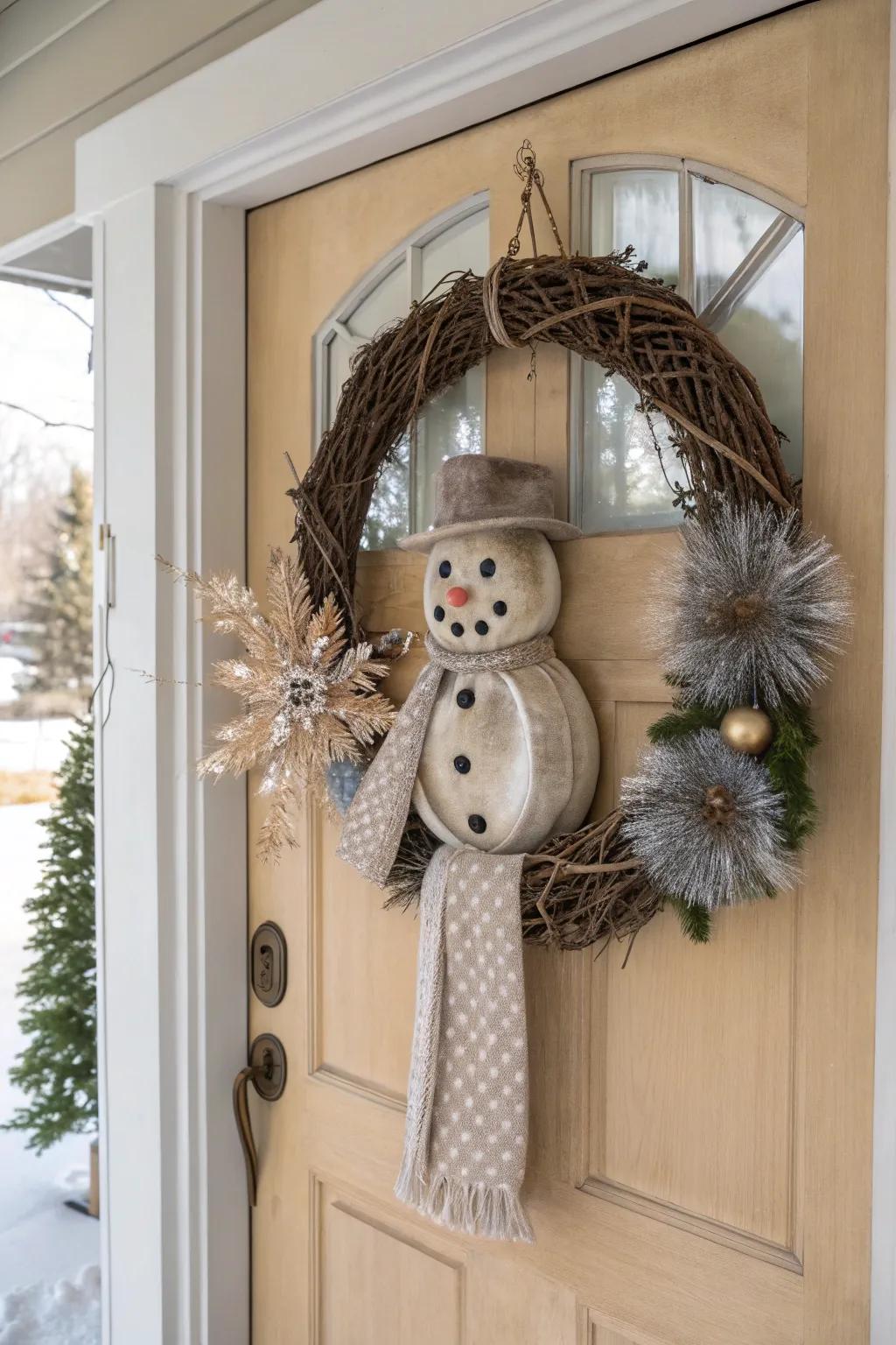 Glam up your decor with a luxurious snowman wreath that dazzles. #GlamDecor #LuxuryLiving