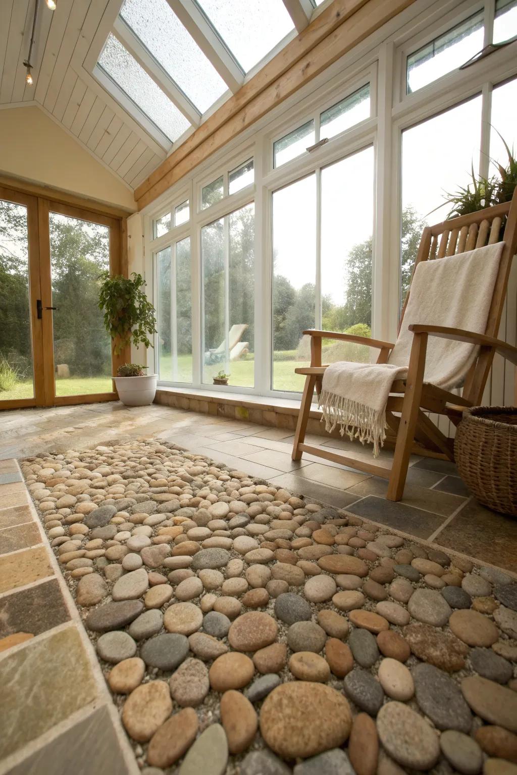 Pebble tiles provide unique texture and spa-like tranquility to any sunroom. 🛁 #PebbleTiles #SpaAmbiance #NaturalCharm