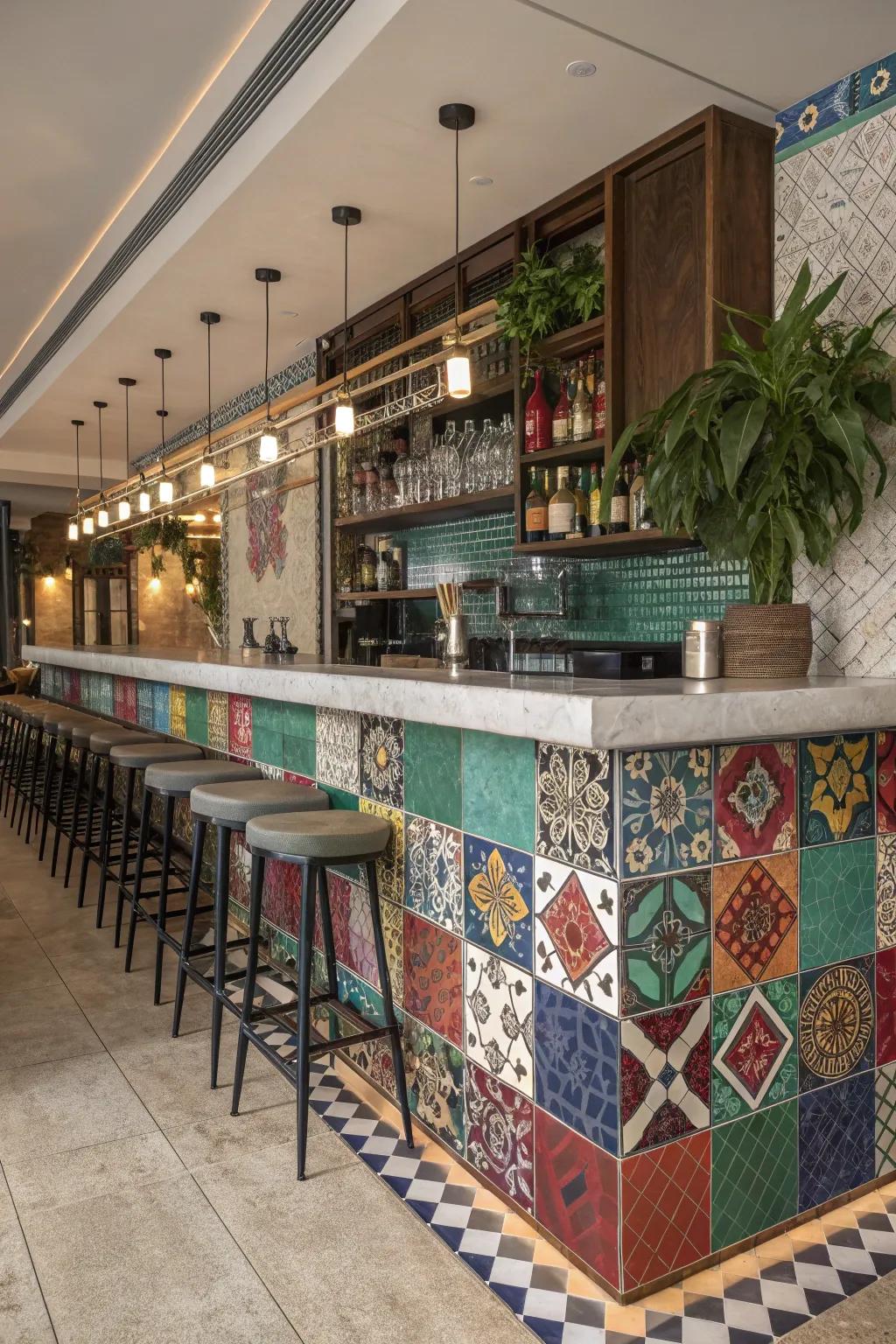 Mix and match with patchwork tiles that bring bohemian flair to your bar. 🌟 #EclecticDesign #BohoVibes