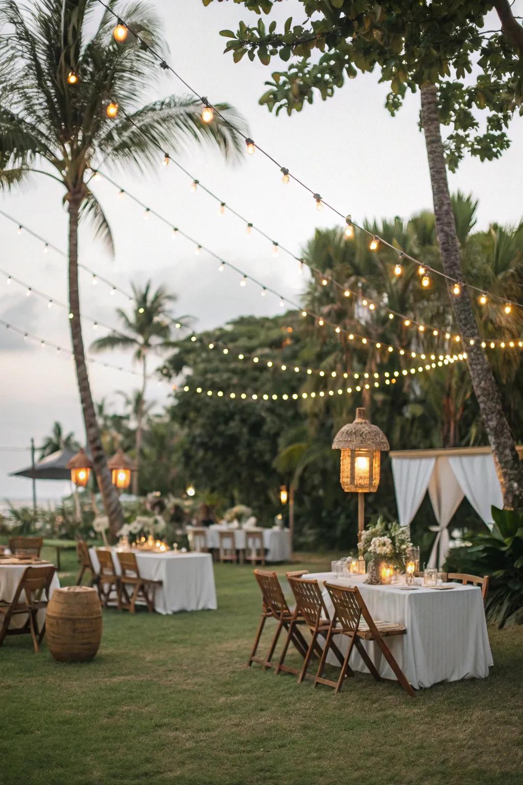String lights and lanterns set the mood for a magical tropical evening. ✨ #PartyLighting #TropicalNight