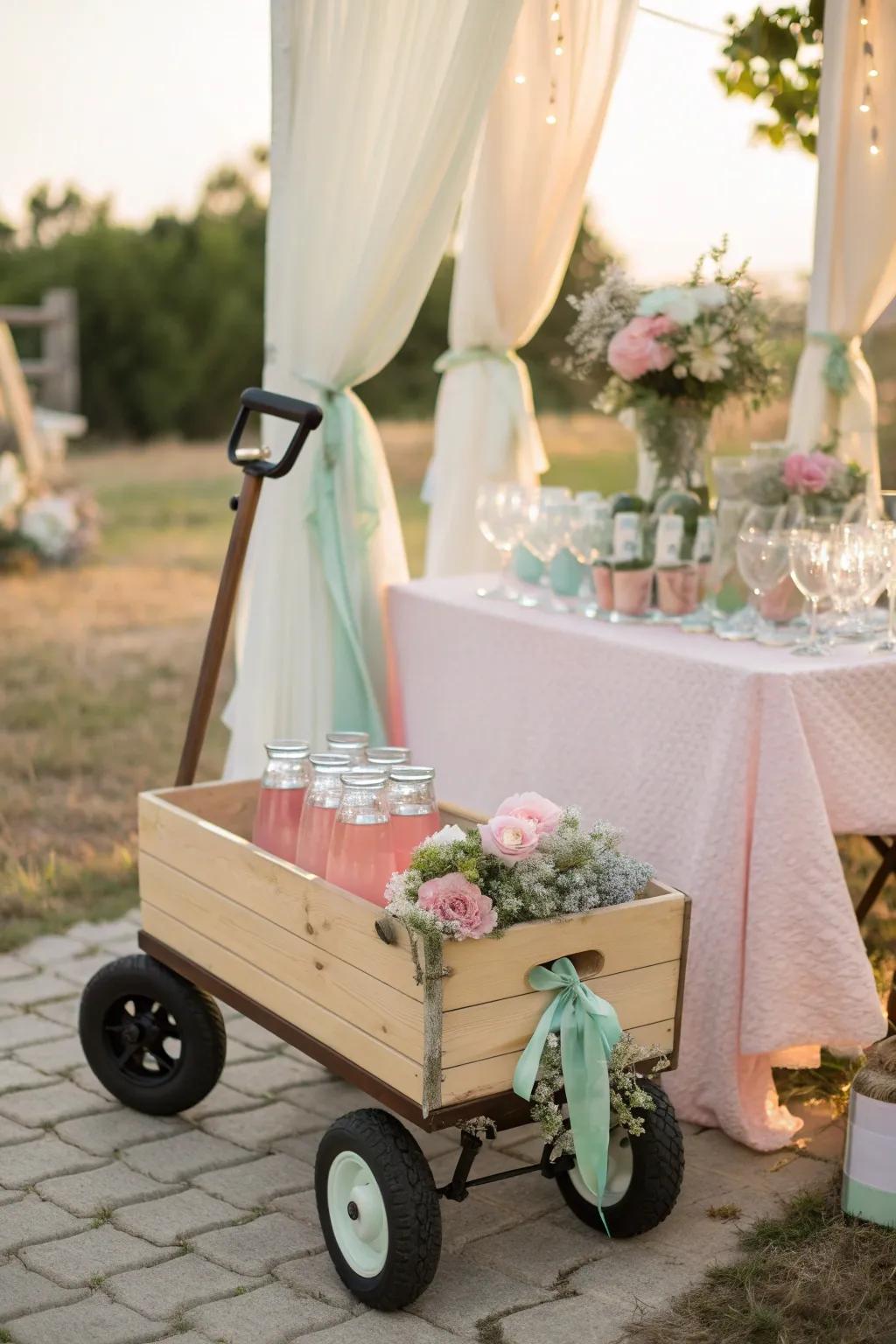 Add a touch of whimsy with a child's wagon cooler that's both chic and practical. 🎉🚂 #ChicWeddings #PlayfulDecor
