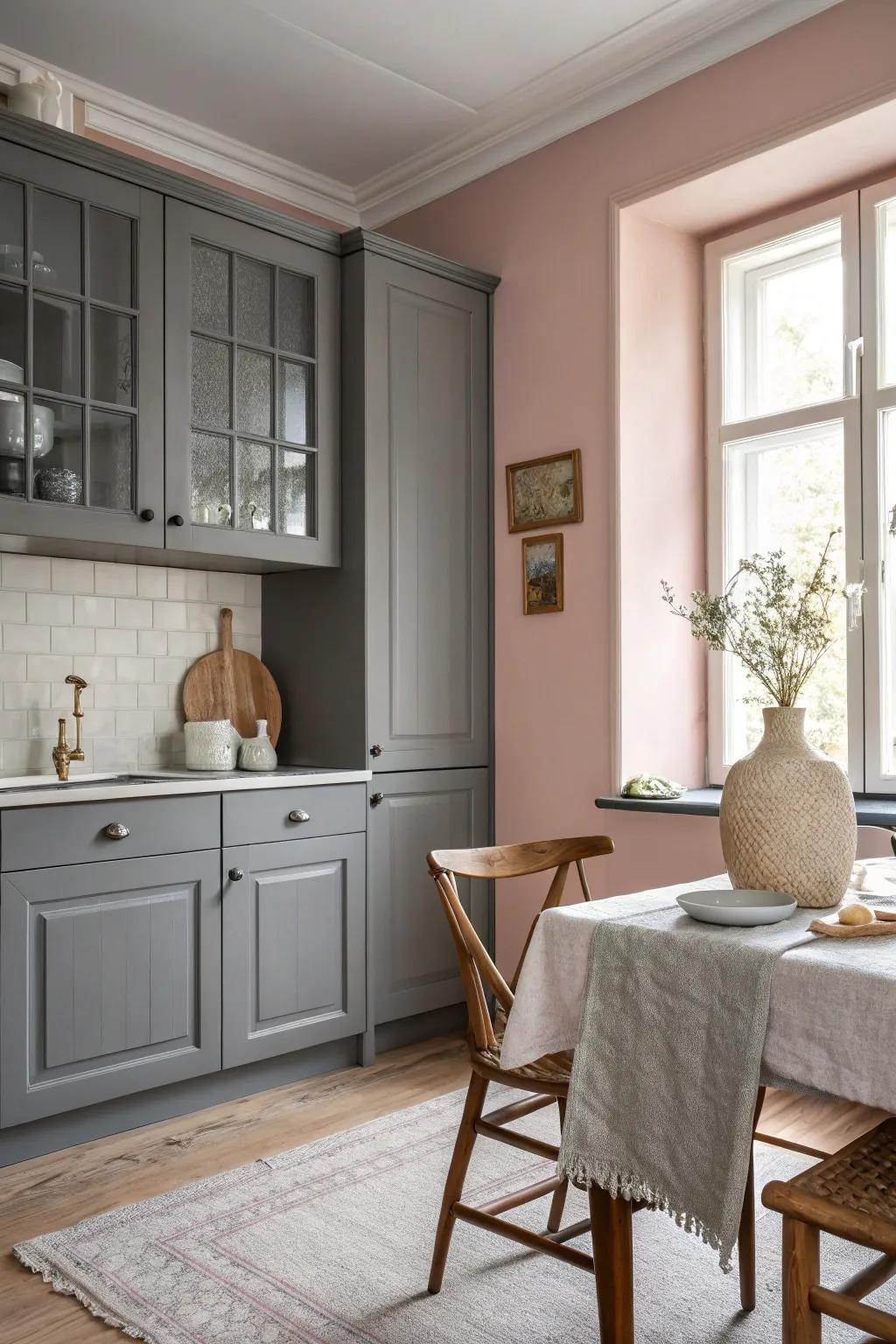 Infuse your kitchen with soft sophistication using blush pink walls that complement gray cabinets. 💕 #RomanticInteriors #SoftElegance