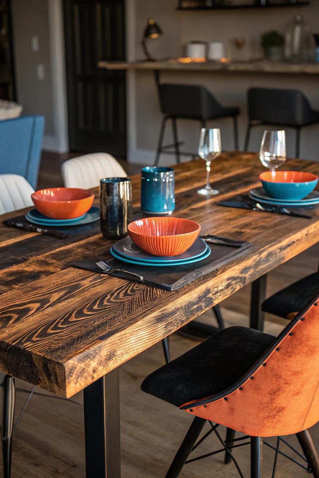 Add drama and elegance to your dining space with the striking shou sugi ban wood finish.
