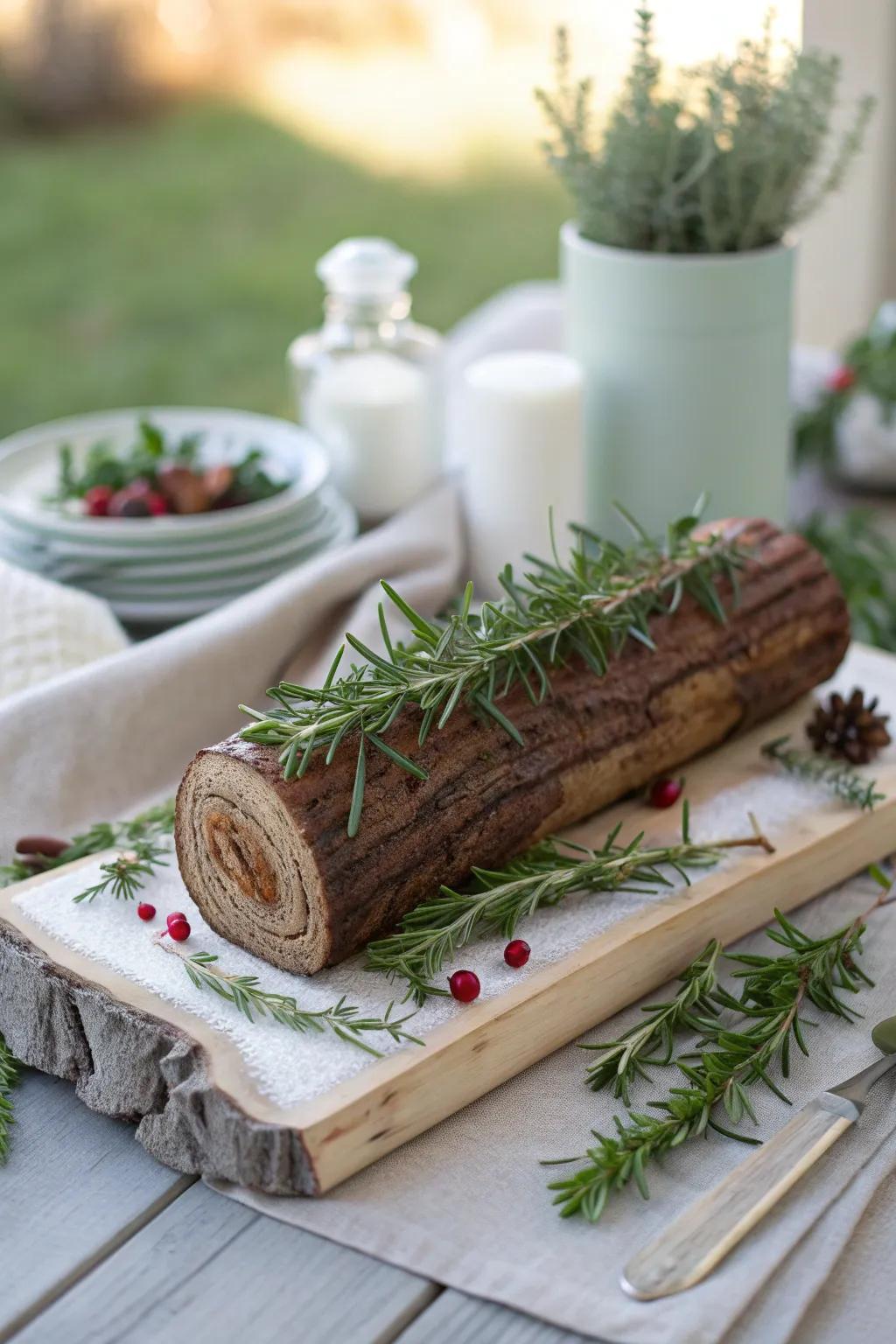 Infuse your decor with the fresh scent of herbs for a naturally beautiful yule log.
