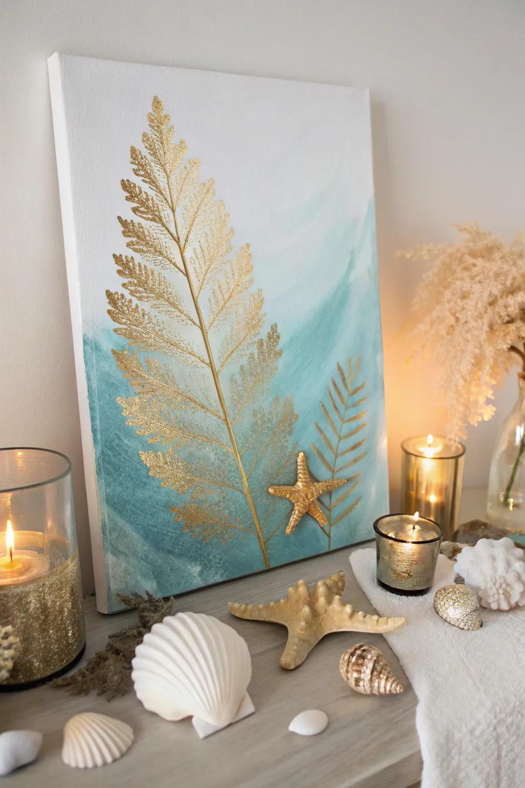 Sea tones and gold leaf create a serene escape that evokes the essence of the ocean.