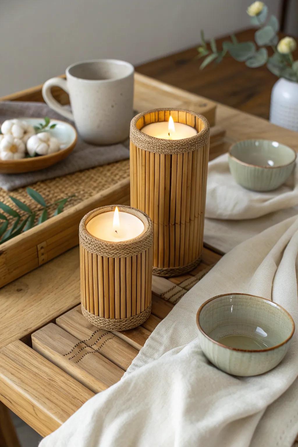 Illuminate your space with bamboo candle holders that bring a warm, inviting glow.