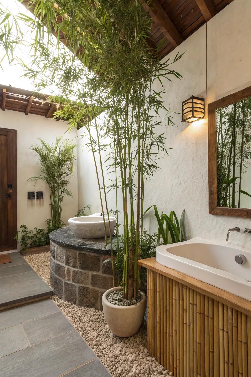 Bring a spa-like serenity to your bathroom with elegant bamboo plants. 🎋 #SpaVibes #BathroomDecor