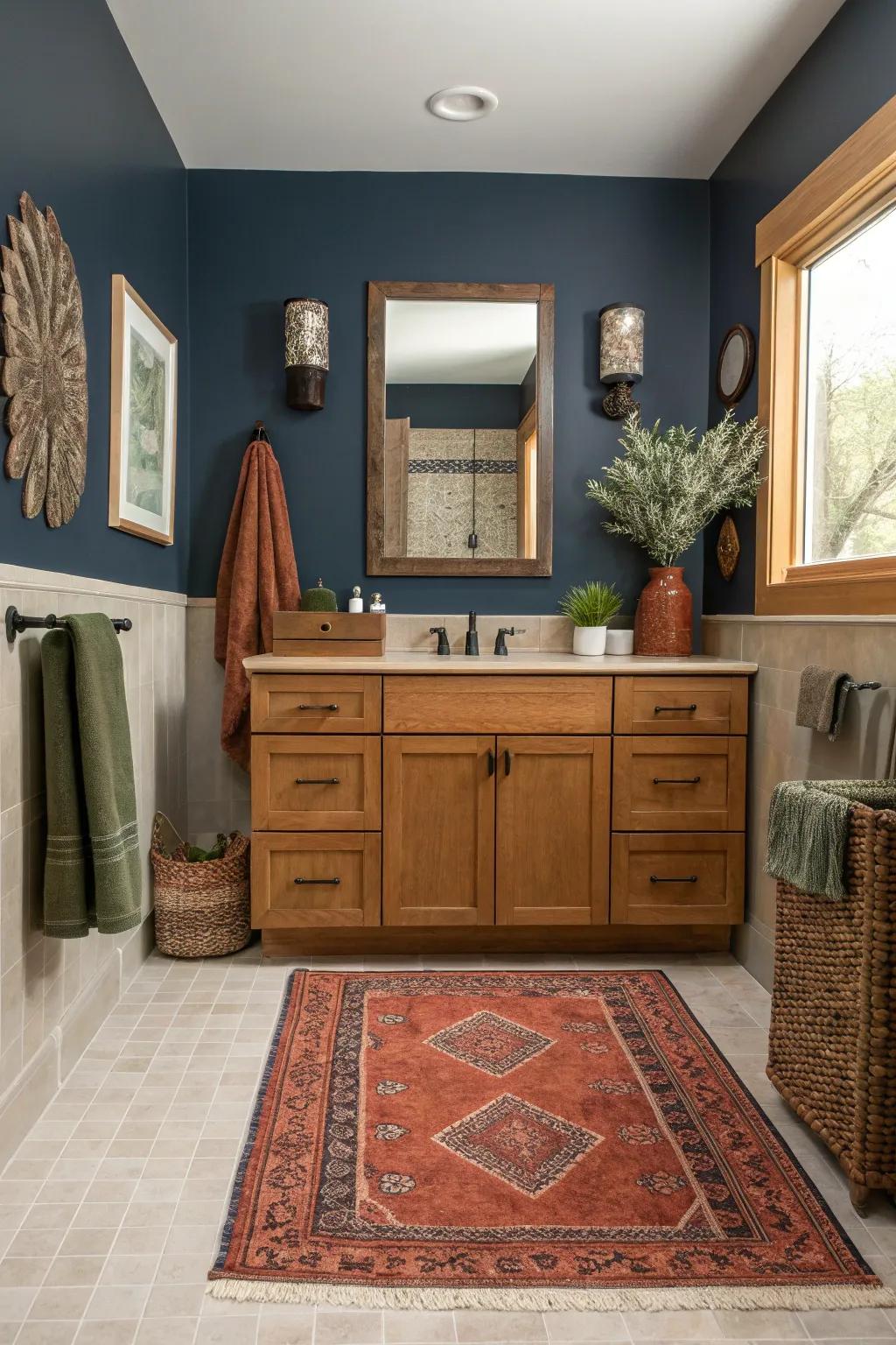 Earthy accent colors highlight the natural beauty of oak cabinets, creating a harmonious bathroom environment.