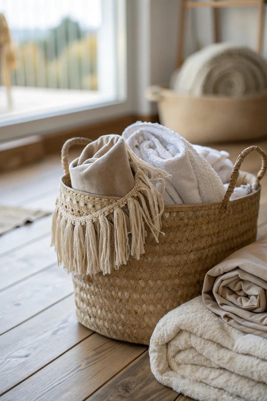 Boho baskets add texture and a touch of whimsy to your decor. #BohoChic #TexturePlay
