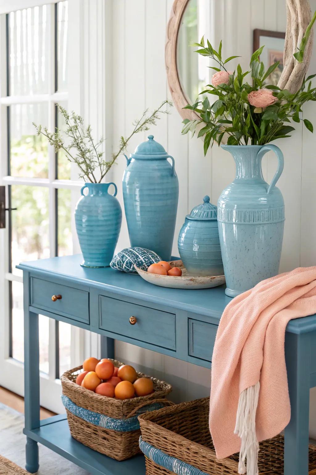 Welcome guests with the fresh and inviting blend of azure and peach.