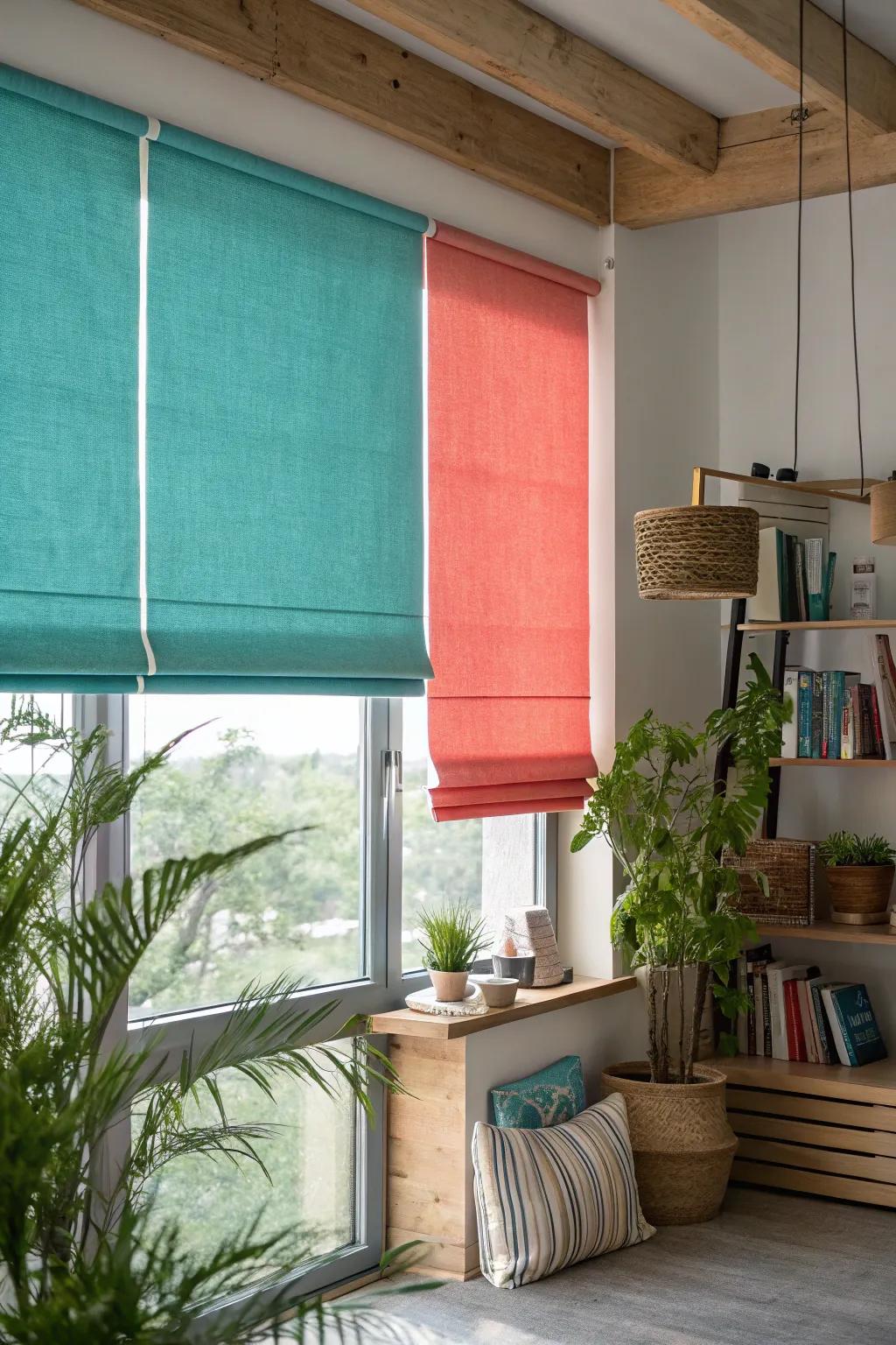 Fabric roll-up shades offer flexibility and style, perfect for a polished look.
