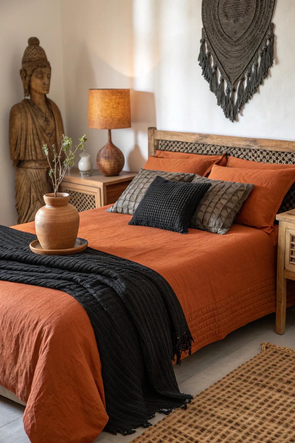 Earthy accessories complement the warmth of burnt orange tones beautifully.