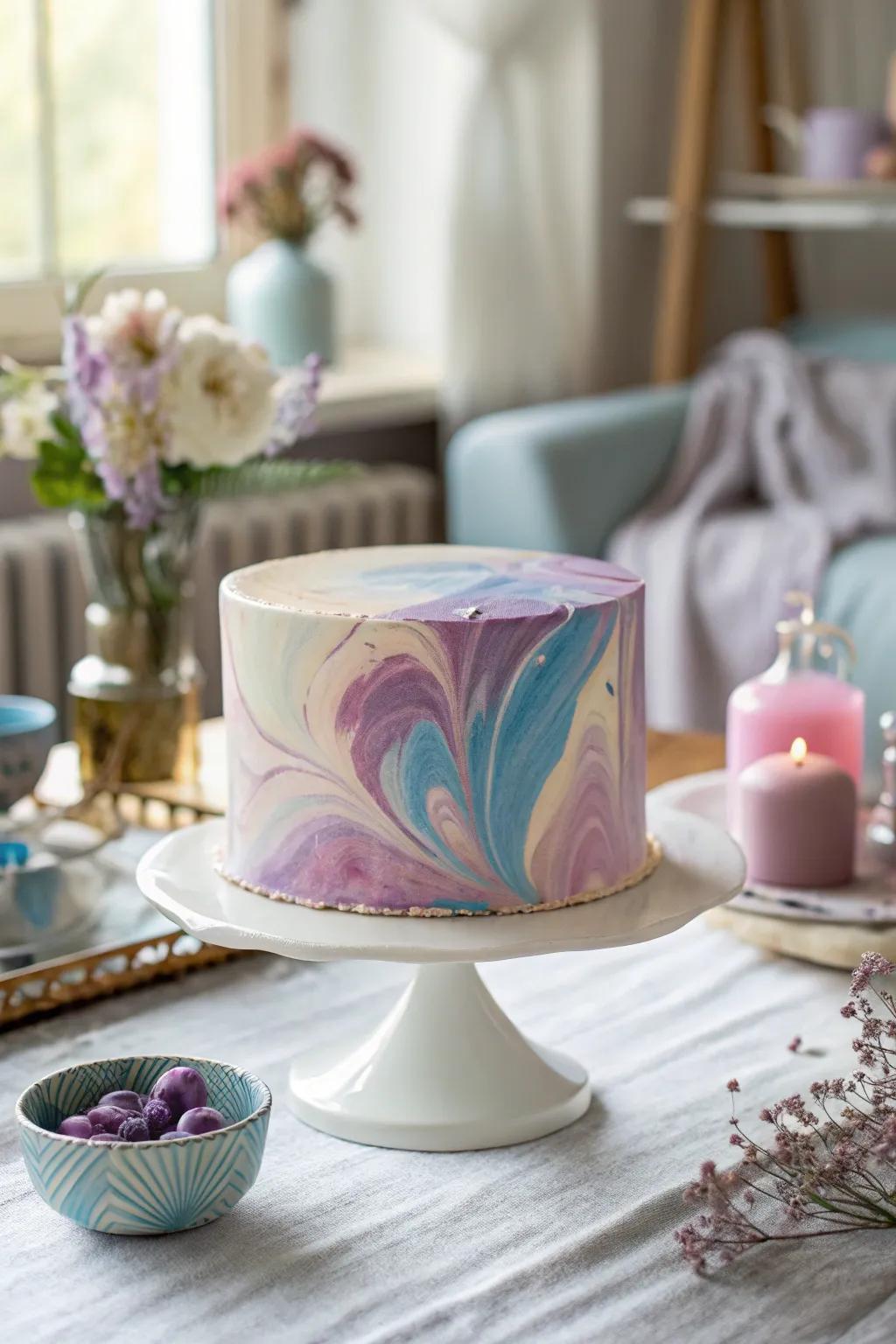 Achieve stunning artistry with marbled fondant that turns your cake into a masterpiece.