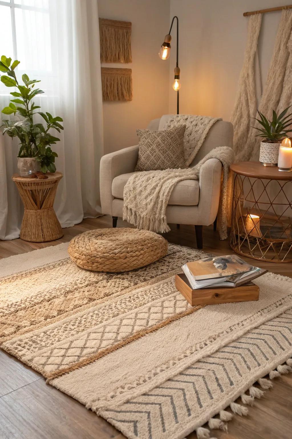 Textured rugs add layers of charm underfoot, grounding your space in cozy style.