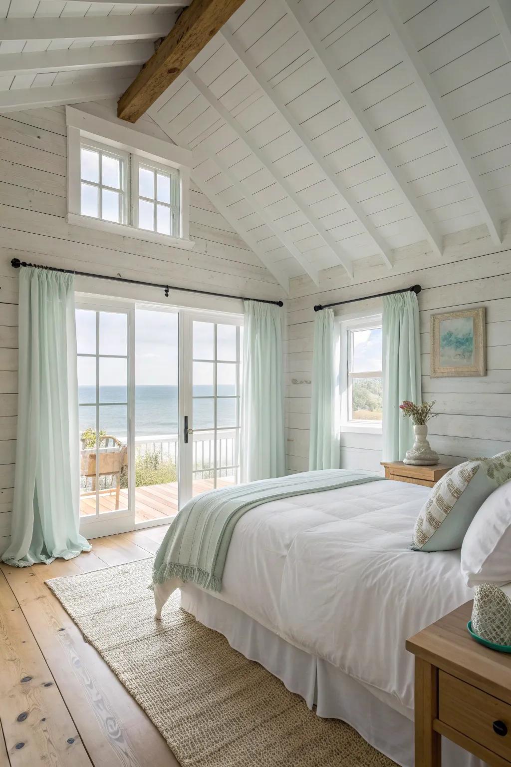 Shiplap walls add texture and a classic coastal touch to your bedroom.