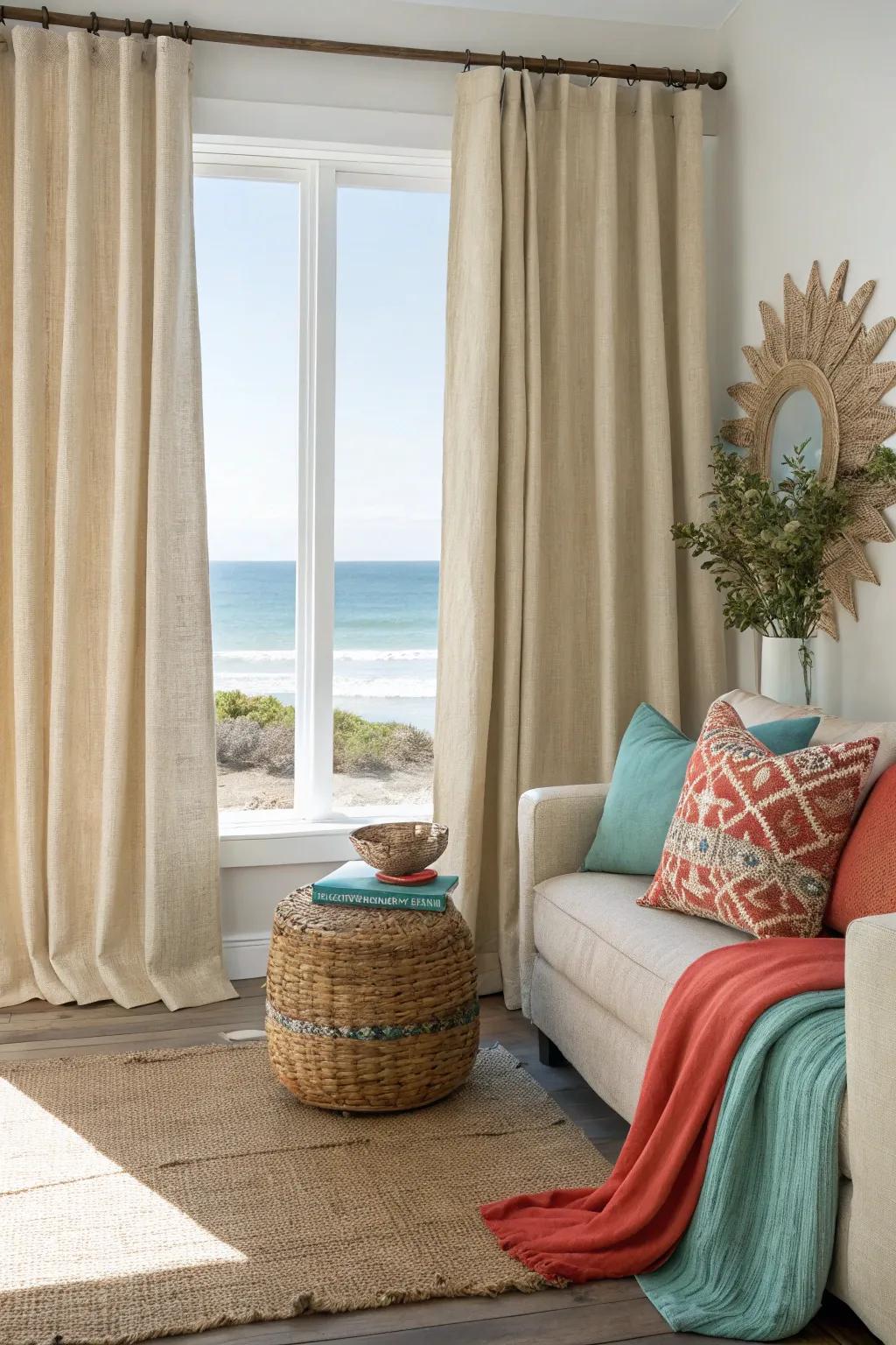 Set a serene scene with neutral, sandy-toned curtains.