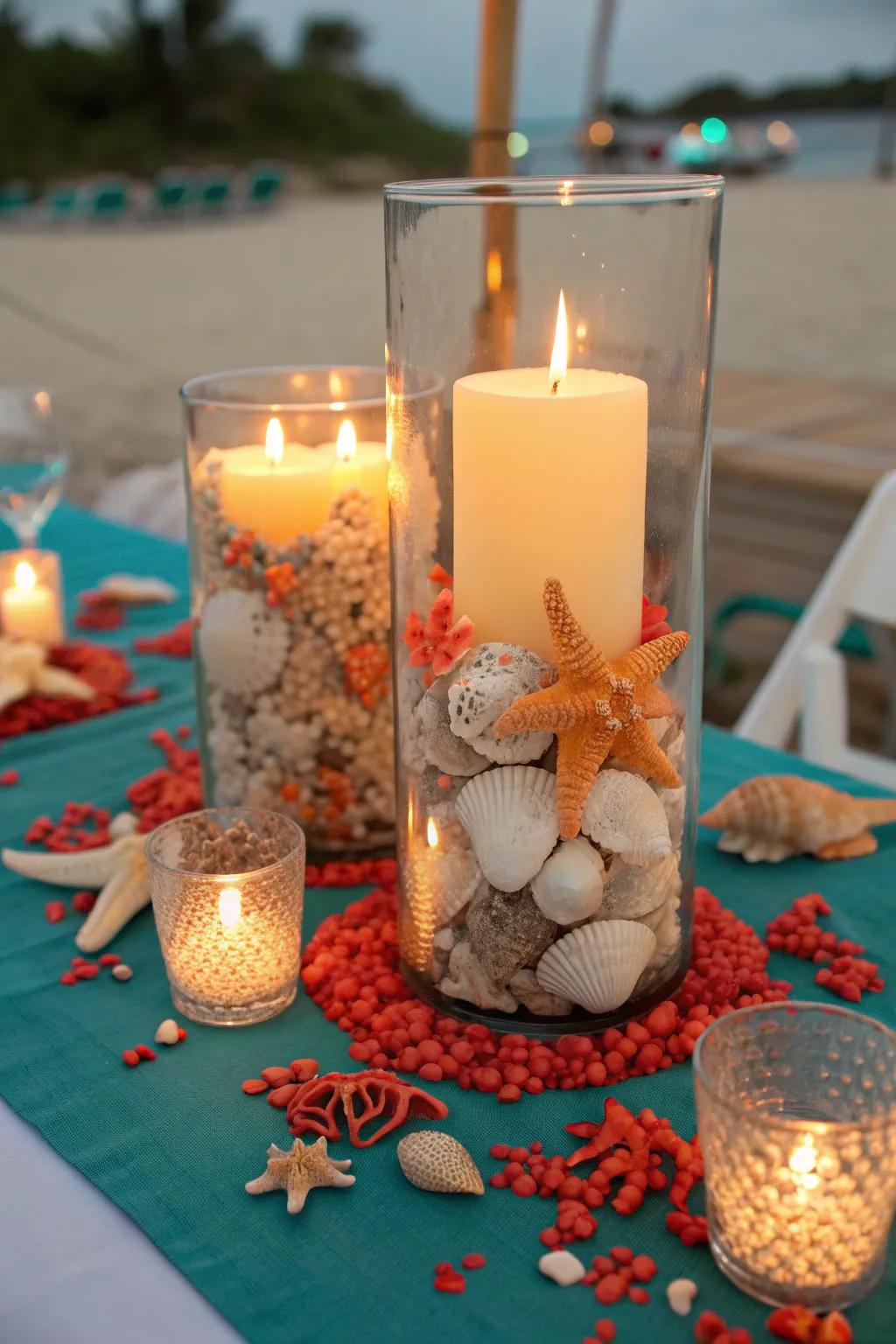 Create a warm glow with shell-encrusted hurricane vases that light up your coastal centerpiece.