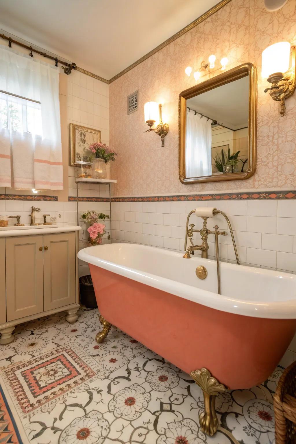 Vintage charm meets modern coral for a nostalgic bathroom experience.