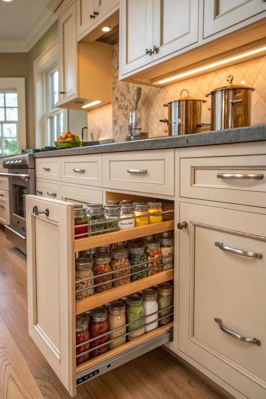 Keep your spices organized and accessible with a slide-out rack that adds convenience.