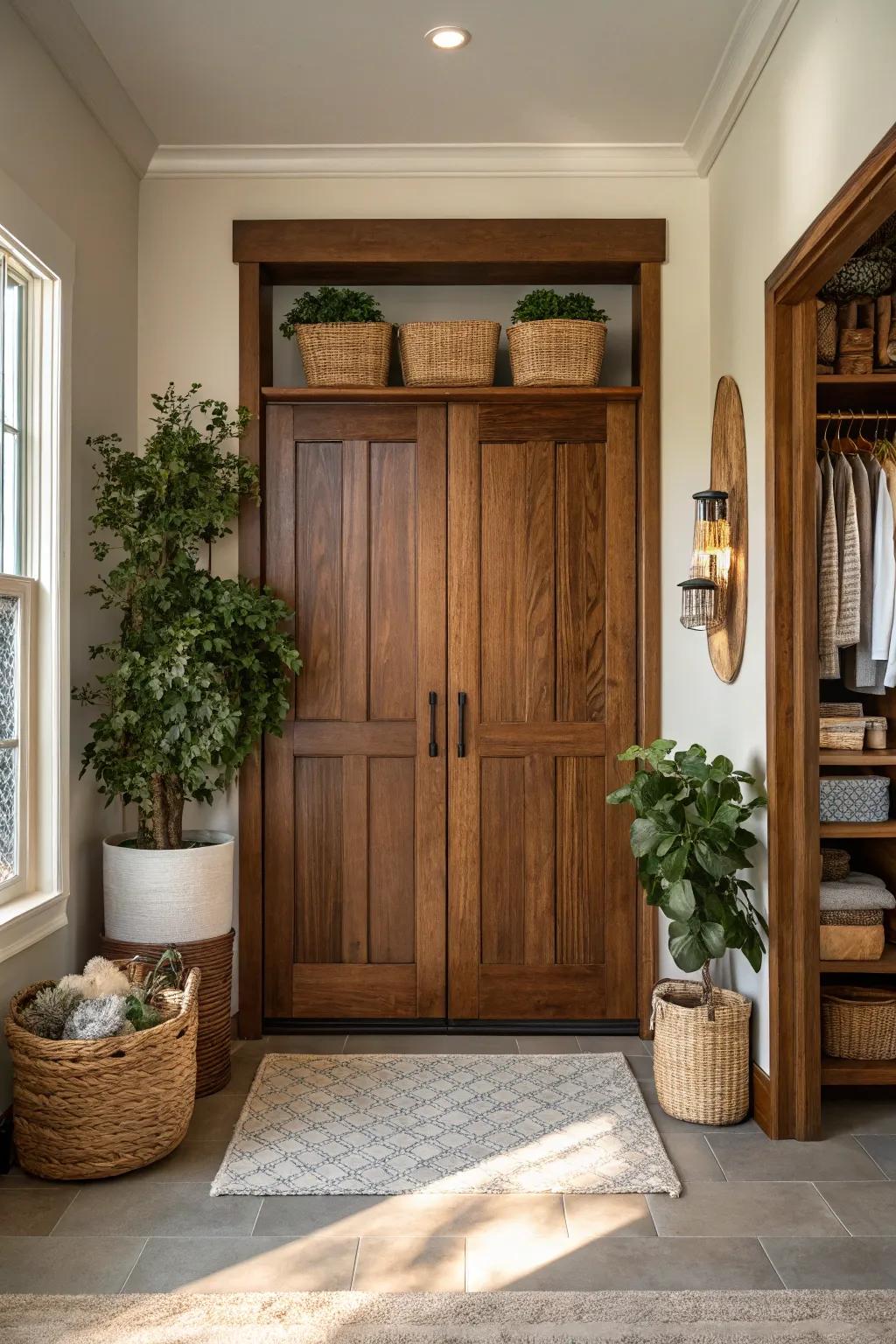 Embrace natural warmth with wood-toned closet doors. 🌿 #NaturalBeauty #WarmInteriors #WoodDesign