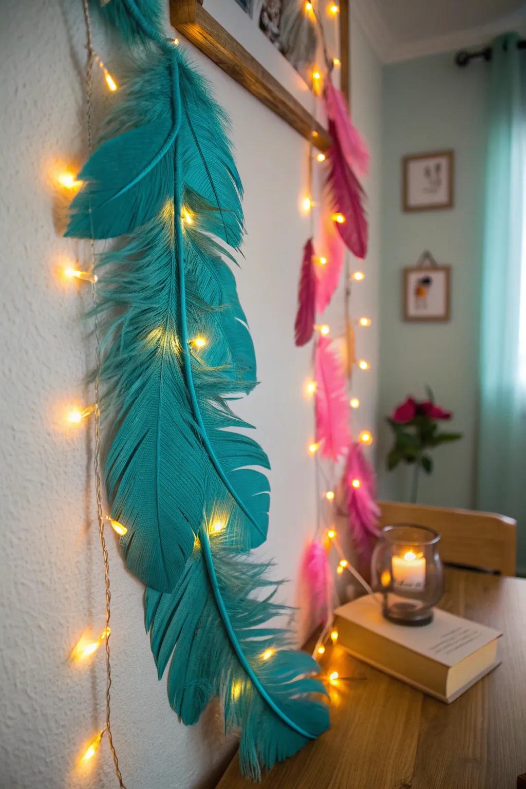 Illuminate your walls with feather and light art for a magical atmosphere.