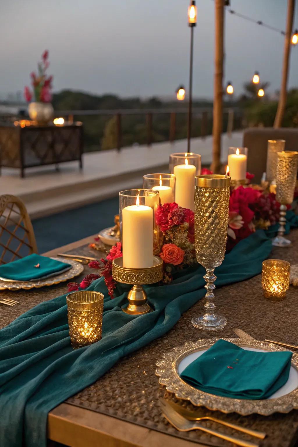 Golden candles create a warm and inviting atmosphere, perfect for intimate gatherings. 🕯️ #Candlelight #GoldDecor